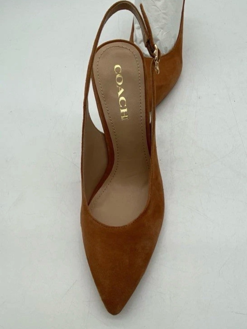 Coach Tan Suede Slingback Heels with Glitter Stiletto - Picture 5 of 10